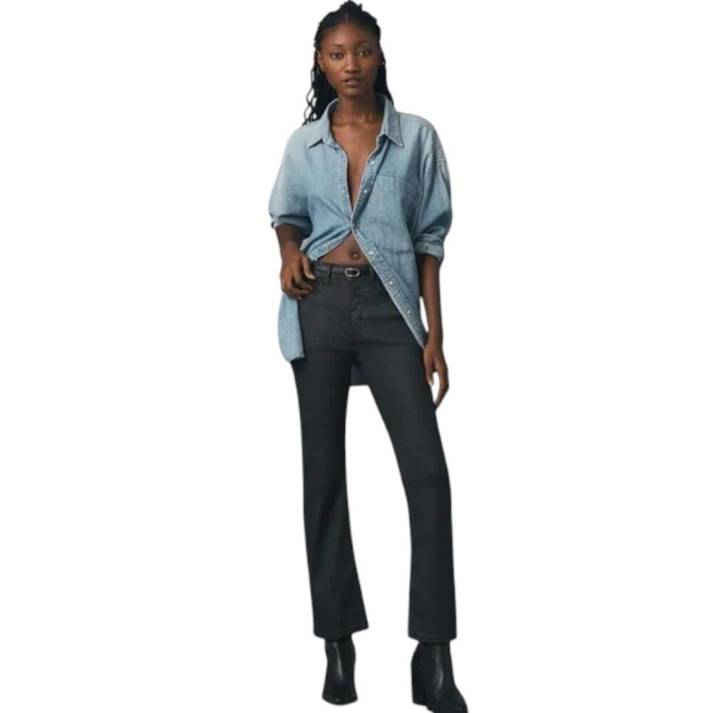 Pilcro Yaya Coated Crop Flare Jeans Size 27x23 Black Mid Rise Anthropologie
